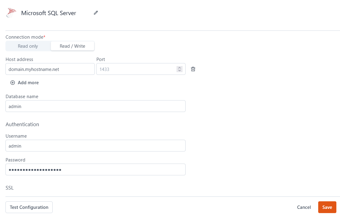 Configuring an MS SQL datasource.